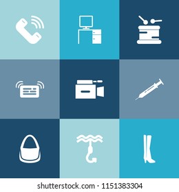 Modern, simple vector icon set on colorful blue backgrounds with mobile, hook, saxophone, tool, business, needle, video, phone, work, sound, professional, female, musical, instrument, lens, desk icons
