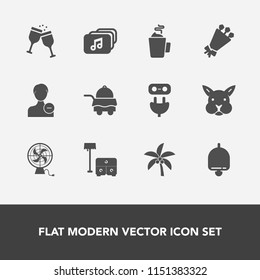 Modern, simple vector icon set with avatar, animal, sign, wine, profile, air, user, cute, file, tropical, blossom, cup, bouquet, table, music, alcohol, nature, electricity, service, ring, call icons