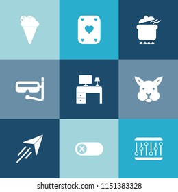 Modern, simple vector icon set on colorful blue backgrounds with ice, office, card, strawberry, table, deactivate, cute, dessert, mask, poker, energy, snorkel, bunny, water, fly, pot, turn, work icons