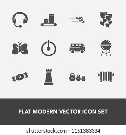 Modern, simple vector icon set with white, power, bbq, grill, food, barbecue, sound, road, strategy, chess, butterfly, headphone, off, button, heater, departure, kilogram, flight, water, luggage icons