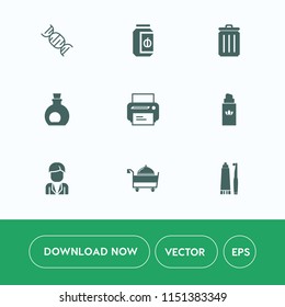Modern, simple vector icon set on white background with beauty, ecology, hygiene, mediterranean, machine, garbage, ingredient, man, fashion, olive, glass, trash, bin, print, toothpaste, bottle icons