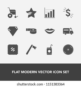 Modern, simple vector icon set with data, teeth, postage, gem, hospital, hammer, adhesive, disabled, sign, disc, construction, diagram, medical, tool, dvd, star, tape, sticky, beverage, office icons