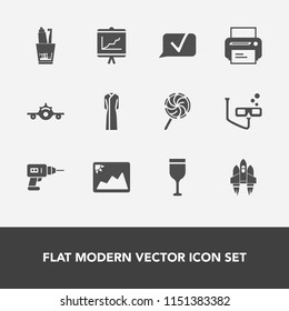 Modern, simple vector icon set with equipment, photo, communication, chat, candy, report, spaceship, health, technology, fashion, drill, business, hand, sport, food, departure, wine, travel, red icons