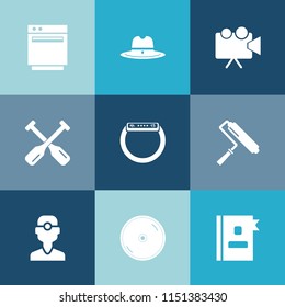 Modern, simple vector icon set on colorful blue backgrounds with disc, dental, cowboy, canoe, cd, dvd, projection, heat, projector, equipment, disk, clinic, book, texas, tool, video, phone, roll icons