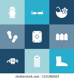 Modern, simple vector icon set on colorful blue backgrounds with pair, play, water, safety, cold, drink, smart, alcohol, food, street, graphic, game, protection, fence, fire, emergency, summer icons