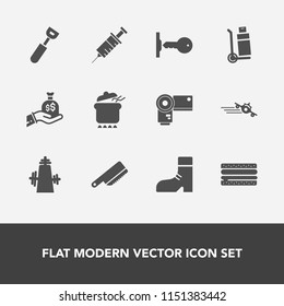 Modern, simple vector icon set with white, footwear, fork, knife, cutlery, photographer, flight, dentistry, technology, dinner, sandwich, key, dish, airplane, photo, business, burger, pot, plane icons