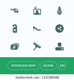 Modern, simple vector icon set on white background with transport, paint, social, hotel, media, food, fashion, screen, technology, service, television, corn, roller, human, tv, label, vegetable icons