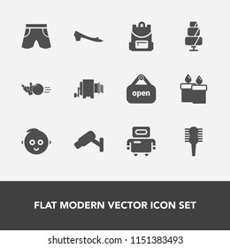 Modern, simple vector icon set with open, backpack, baby, comb, kid, childhood, brush, fun, fashion, decoration, shorts, flame, surveillance, wear, care, pasta, robot, shop, hair, school, food icons