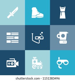 Modern, simple vector icon set on colorful blue backgrounds with meal, internet, dress, female, web, beauty, dinner, equipment, black, knife, kitchen, camera, handle, cooking, locomotive, wear icons