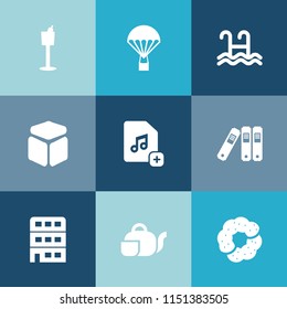 Modern, simple vector icon set on colorful blue backgrounds with extreme, element, teapot, background, cake, file, parachute, white, water, house, skydiving, drink, food, air, pool, beverage icons