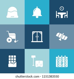 Modern, simple vector icon set on colorful blue backgrounds with station, ring, day, style, button, hat, white, food, cap, orbit, window, bed, space, clothing, sound, fashion, sofa, timetable icons