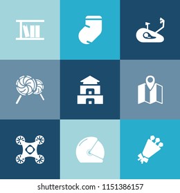 Modern, simple vector icon set on colorful blue backgrounds with map, flower, motorbike, sport, pagoda, camera, drone, jersey, candy, winter, travel, warm, sock, bicycle, book, location, pin icons