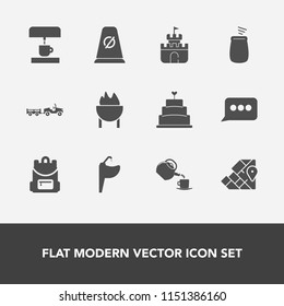 Modern, simple vector icon set with barbecue, water, sink, road, school, world, cake, grill, bag, cup, white, atlas, shipping, musical, traffic, travel, faucet, meat, sign, tea, drink, map, food icons