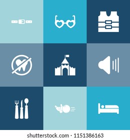 Modern, simple vector icon set on colorful blue backgrounds with car, spoon, glasses, dental, music, style, fasten, audio, fun, safety, travel, building, jacket, boho, sunglasses, bowling, sound icons