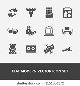 Modern, simple vector icon set with fish, meat, table, bank, sweet, orbit, office, sausage, alcohol, white, desk, teddy, lollipop, hotdog, drink, planet, business, station, music, electric, play icons