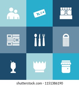 Modern, simple vector icon set on colorful blue backgrounds with group, crown, fly, cheese, internet, knife, jam, glass, plane, tourism, newspaper, fork, queen, supermarket, jar, honey, business icons