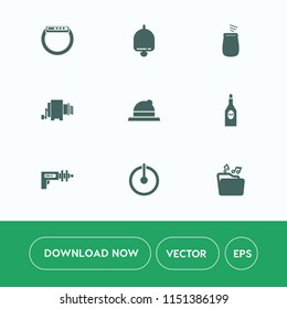Modern, simple vector icon set on white background with touch, style, music, hat, power, drink, war, call, device, drum, alcohol, gadget, food, spaghetti, smart, file, cap, concert, wine, time icons