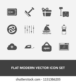 Modern, simple vector icon set with gardening, cloud, bank, business, gift, work, music, board, open, wind, add, safe, iron, garden, equality, sofa, store, japan, cleaner, banking, present, shop icons