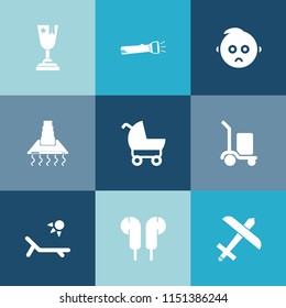 Modern, simple vector icon set on colorful blue backgrounds with competition, cute, airplane, bulb, kitchen, energy, music, child, ribbon, victory, cargo, kid, winner, audio, carriage, baby, win icons