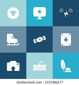 Modern, simple vector icon set on colorful blue backgrounds with energy, computer, sun, photo, fun, lollipop, white, fashion, food, dessert, poker, skating, environment, web, cold, pen, keyboard icons