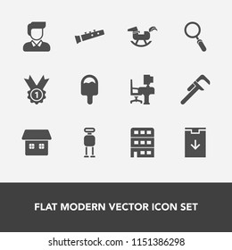 Modern, simple vector icon set with icecream, technology, sound, fashion, service, medal, download, baby, web, casual, tool, glass, victory, futuristic, zoom, man, horse, house, industrial, work icons