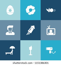 Modern, simple vector icon set on colorful blue backgrounds with bakery, tv, sport, technology, muffin, sweet, fun, tradition, blow, food, sunbed, decoration, event, dryer, ball, doughnut, boy icons