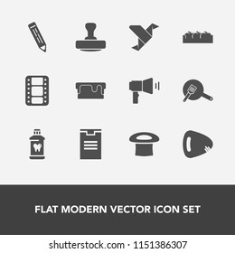 Modern, simple vector icon set with pencil, dessert, healthy, pie, origami, hygiene, guitar, health, care, video, delivery, megaphone, clean, office, creative, pen, package, kitchen, apple, food icons