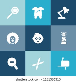 Modern, simple vector icon set on colorful blue backgrounds with character, newborn, boy, table, pruning, clothes, sea, beacon, light, cook, web, pan, kitchen, lighthouse, mail, work, white, kid icons