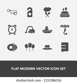 Modern, simple vector icon set with hat, white, label, kitchen, housework, cleaner, birthday, sweet, cowboy, cooking, chain, ocean, hour, page, dessert, vessel, celebration, alarm, sea, sheriff icons