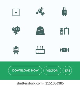 Modern, simple vector icon set on white background with floral, headwear, downloading, scan, baggage, construction, occupation, fashion, hat, bag, airport, helmet, sweet, drawing, web, artist icons