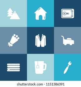 Modern, simple vector icon set on colorful blue backgrounds with city, sandwich, architecture, food, bank, drink, burger, paint, building, estate, concept, business, home, brush, blossom, grass icons
