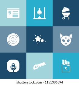 Modern, simple vector icon set on colorful blue backgrounds with wheel, star, laboratory, music, astronomy, bar, automobile, barbecue, sound, saw, space, menu, microphone, work, food, interface icons