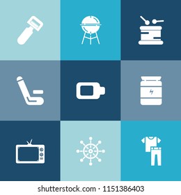 Modern, simple vector icon set on colorful blue backgrounds with kitchen, nutrition, music, collection, grilled, wheel, peeler, utensil, potato, drum, battery, energy, nautical, hot, screen, bbq icons