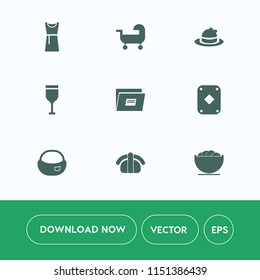Modern, simple vector icon set on white background with salmon, object, glass, sport, japan, sushi, school, backpack, file, clothes, female, beauty, bowl, elegance, rucksack, fish, wine, dress icons