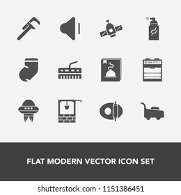 Modern, simple vector icon set with music, spacecraft, reparation, street, food, grunge, well, cooking, grass, socks, oven, paint, sound, audio, menu, mower, station, pan, bucket, white, planet icons