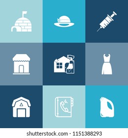 Modern, simple vector icon set on colorful blue backgrounds with housework, staple, tool, equipment, medical, cap, nature, phone, ice, shelter, sign, retail, winter, natural, market, farming icons