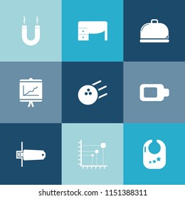 Modern, simple vector icon set on colorful blue backgrounds with ball, desk, space, chart, card, fun, energy, horseshoe, infant, science, toy, diagram, white, food, baby, game, dish, flash, data icons