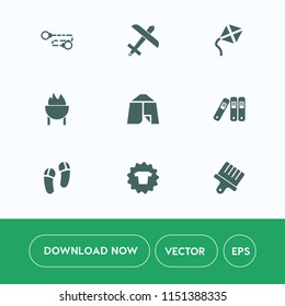 Modern, simple vector icon set on white background with grill, link, toy, travel, barbecue, food, sky, adventure, airplane, kite, sign, aviation, slipper, sausage, summer, aircraft, meat, brush icons