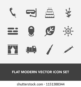 Modern, simple vector icon set with grain, location, business, helm, cake, kitchen, dessert, knife, curtain, needle, table, nature, agriculture, food, mask, snorkel, communication, sign, rudder icons