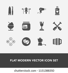 Modern, simple vector icon set with jar, tea, fitness, water, weight, cream, coffee, jam, technology, caffeine, game, dessert, tooth, play, dryer, glass, teapot, toothpaste, hairdryer, music icons