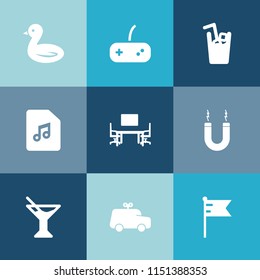 Modern, simple vector icon set on colorful blue backgrounds with office, cold, table, animal, melody, business, summer, glass, controller, magnet, music, cocktail, game, water, child, cup, car icons