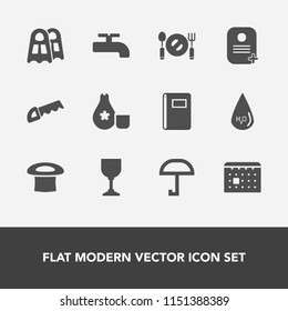 Modern, simple vector icon set with weather, seafood, wine, schedule, saw, hat, diver, rain, drop, time, plate, paper, notebook, book, sushi, fish, underwater, calendar, glass, japan, tool, sea icons