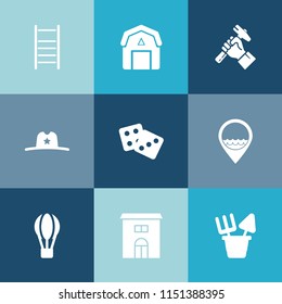 Modern, simple vector icon set on colorful blue backgrounds with sign, old, job, real, background, staple, texas, hot, estate, plastic, house, air, step, parachute, casino, farming, wood, farm icons
