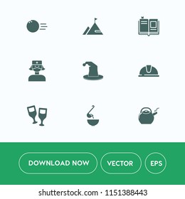 Modern, simple vector icon set on white background with wine, pin, health, education, recreation, white, book, library, page, rock, hat, red, circus, paper, fun, bowling, food, helmet, glass icons