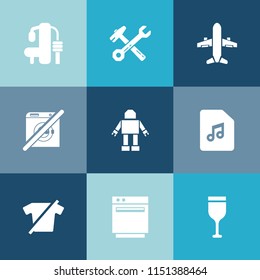 Modern, simple vector icon set on colorful blue backgrounds with robot, work, equipment, drink, technology, shirt, glass, note, hammer, wash, healthy, care, sport, airplane, travel, aircraft icons