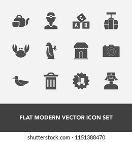 Modern, simple vector icon set with sea, warehouse, crab, dentist, care, photographer, sale, penguin, abc, camera, nature, japanese, medical, trash, medicine, recycle, fresh, baby, toy, shop icons