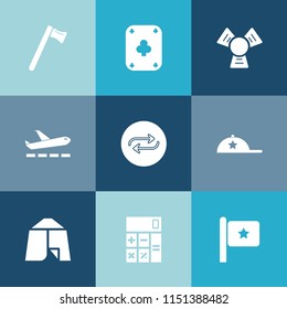 Modern, simple vector icon set on colorful blue backgrounds with substitute, accounting, adventure, spanner, concept, flag, outdoor, cap, nation, card, fashion, gambling, hammer, play, cooler icons