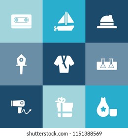 Modern, simple vector icon set on colorful blue backgrounds with vintage, old, japan, toy, bathrobe, record, retro, bow, stereo, japanese, science, sign, food, test, nest, care, white, boat, hat icons