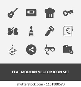 Modern, simple vector icon set with space, social, key, file, guitar, document, mask, concert, cake, button, folder, beauty, business, kitchen, food, dessert, vegetable, astronaut, chief, white icons