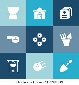 Modern, simple vector icon set on colorful blue backgrounds with instrument, building, pin, background, business, adhesive, ball, toy, music, sport, equipment, fun, percussion, game, fireplace icons